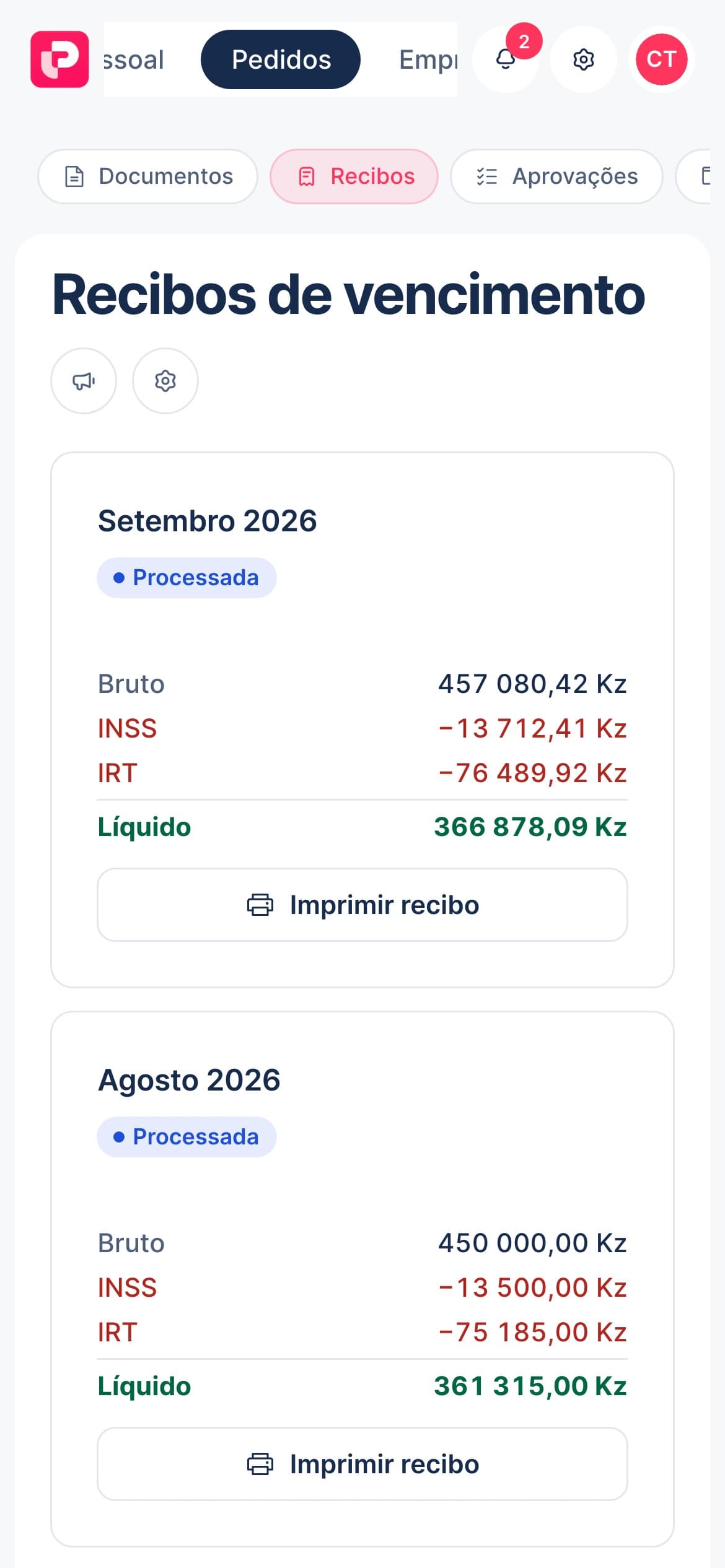 Recibos de vencimento no portal do colaborador